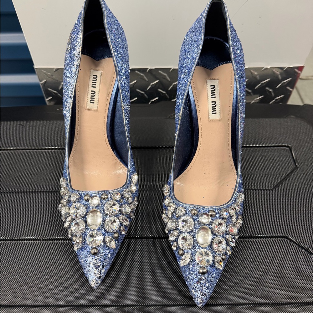 Miu Miu Sparkling Blue Heels with Crystal Embellishments